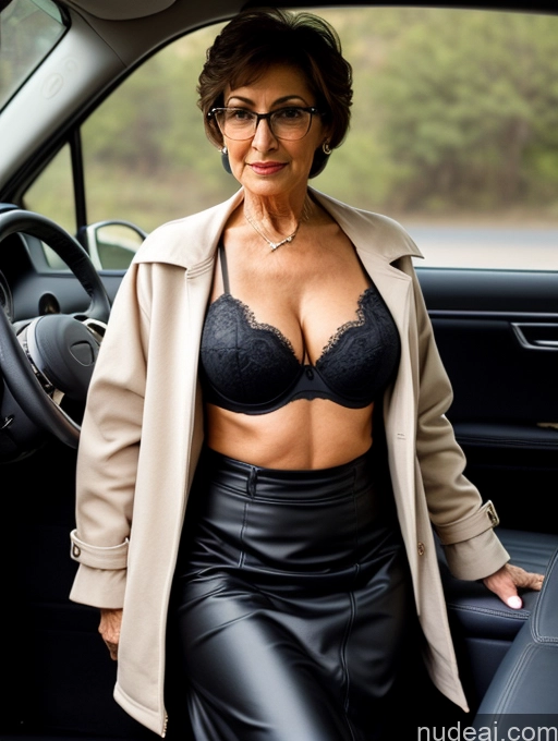 ai nude image of woman in black leather skirt and jacket in car with open window pics of Milf Perfect Boobs Beautiful Glasses Perfect Body 70s Pixie Arabic Car Bra Casual Jacket Long Skirt Stylish Cleavage Partially Nude Dark Lighting Detailed Sexy Face