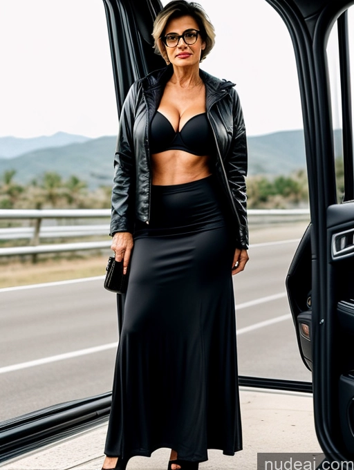 ai nude image of woman in black skirt and leather jacket standing by a car pics of Milf Perfect Boobs Beautiful Glasses Perfect Body 70s Pixie Arabic Car Bra Casual Jacket Long Skirt Stylish Cleavage Partially Nude Dark Lighting Detailed Sexy Face