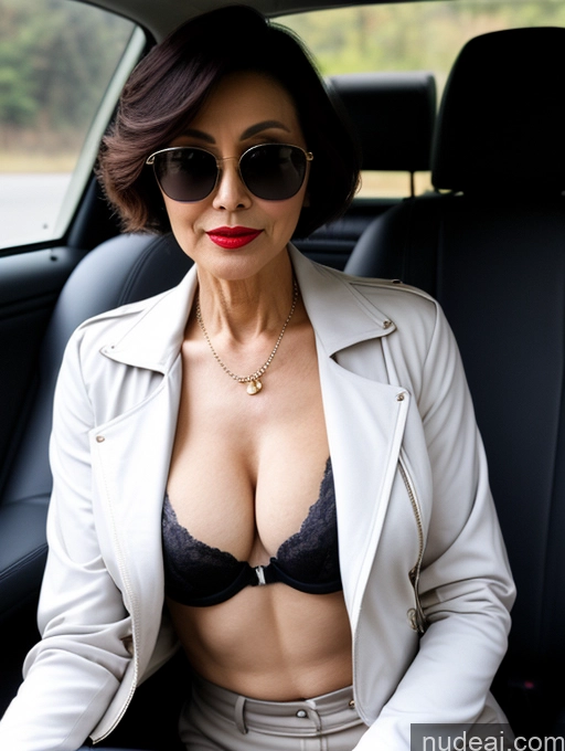 ai nude image of woman in a car wearing a white jacket and sunglasses pics of Milf Perfect Boobs Beautiful Sunglasses Lipstick Perfect Body 60s Pixie Chinese Car Bra Casual Jacket Professor Stylish Suit Cleavage Dark Lighting Detailed Sexy Face