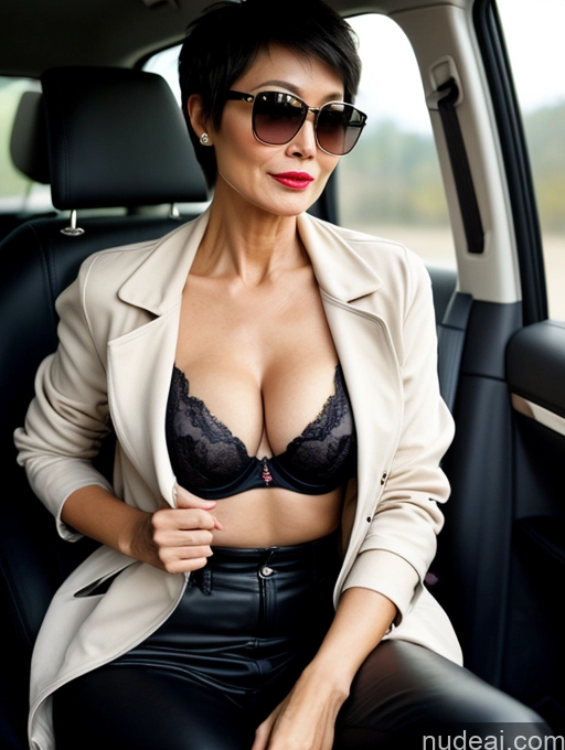 ai nude image of woman in a car wearing a black bra and black leather pants pics of Milf Perfect Boobs Beautiful Sunglasses Lipstick Perfect Body 60s Pixie Chinese Car Bra Casual Jacket Professor Stylish Suit Cleavage Dark Lighting Detailed Sexy Face