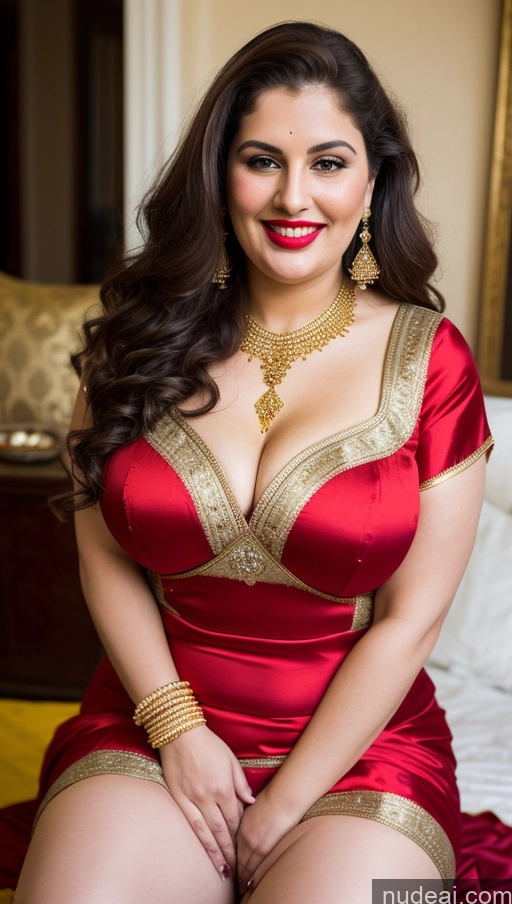 ai nude image of araffe woman in red dress sitting on a bed with a gold necklace pics of Milf Busty Beautiful Lipstick Thick Chubby Fat Big Hips Fairer Skin 20s Happy Seductive Brunette Long Hair Russian Party Front View Straddling Sari Blouse Dirndl Victorian Cleavage Gold Jewelry