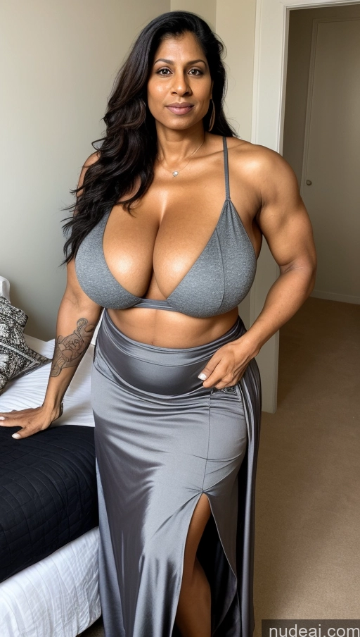 ai nude image of arafed woman in a grey dress posing for a picture pics of Milf Huge Boobs Beautiful Tattoos Big Ass Big Hips Tall Dark Skin Alternative Sexy Face Seductive 50s Thick Bedroom Indian T-pose Close-up View Muscular Abs Long Skirt Ginger