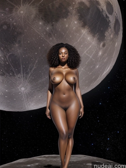 ai nude image of arafed woman standing on a surface with a moon in the background pics of Dark Skin Huge Boobs Big Ass Thick Big Hips 20s Brunette Curly Hair Front View Nude African Woman One T-pose Moon