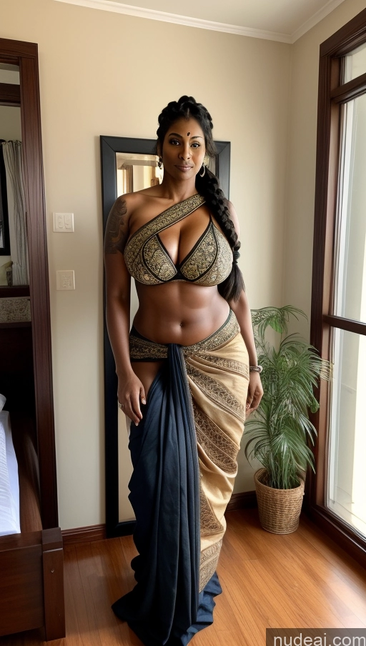 ai nude image of there is a woman in a sari posing for a picture pics of Milf Huge Boobs Beautiful Tattoos Big Ass Tall Alternative Sexy Face 50s Bedroom Indian T-pose Big Hips Dark Skin Sari Front View Abs Muscular Thick Braided Black Hair Seductive