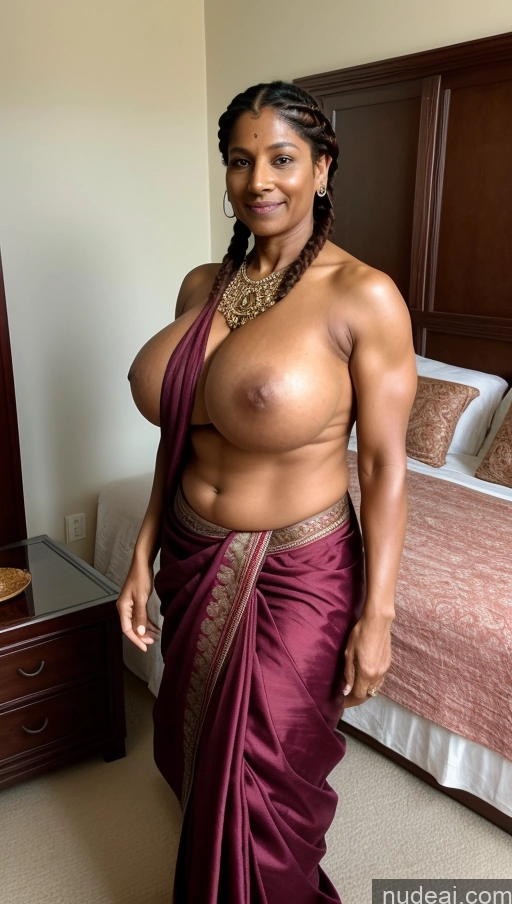 ai nude image of arafed woman in a sari posing in a bedroom pics of Milf Huge Boobs Beautiful Tattoos Muscular Big Ass Abs Thick Big Hips Tall Dark Skin 50s Seductive Ginger Braided Indian Bedroom Close-up View T-pose Sari Alternative Sexy Face