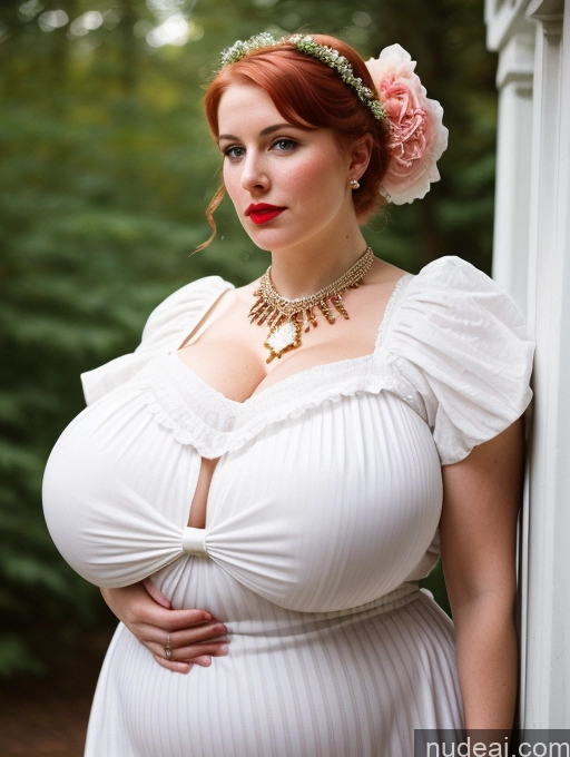 ai nude image of pregnant woman in white dress with flower in hair leaning against wall pics of Busty Huge Boobs Lipstick Big Ass Thick Big Hips Fairer Skin White Hair Bobcut Irish Vintage Bows Victorian Western Jewelry Bright Lighting Alternative Pregnant