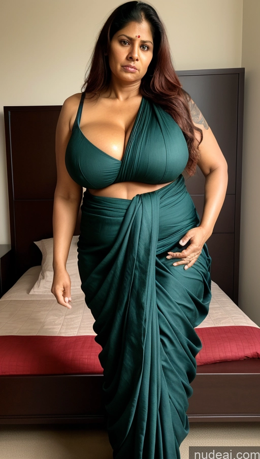 ai nude image of araffe woman in a green sari posing on a bed pics of Milf One Huge Boobs Big Ass Thick Big Hips Long Hair Indian Bedroom T-pose Sari Sexy Face Dark Skin Tattoos Beautiful Busty Tall 60s Ginger Front View Angry