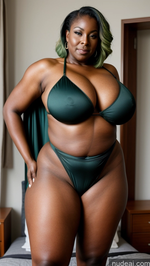 ai nude image of there is a woman in a green bikini posing on a bed pics of Milf Busty Huge Boobs Big Ass Beautiful Thick Big Hips Tall Dark Skin Seductive Sexy Face Dark Lighting African 70s T-pose Bedroom Tattoos Close-up View Bikini Green Hair Abs