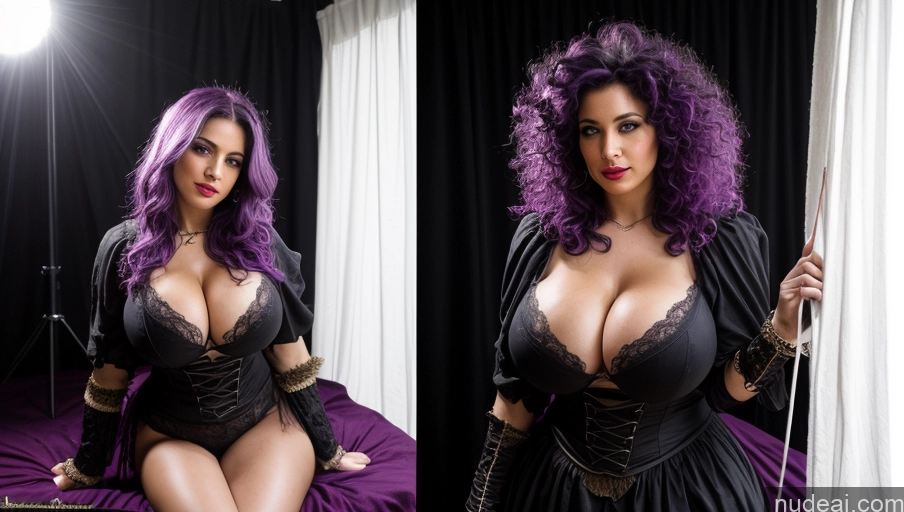 ai nude image of arafed woman in a black dress and purple hair posing for a picture pics of Huge Boobs Beautiful Lipstick Muscular Big Ass Fat Big Hips Long Legs Tall Perfect Body Pubic Hair Purple Hair Messy Latina Dark Lighting Photostudio, Shooting Light, Indoors, Cable, Light, Cyclorama, White Cyclorama, Medieval Cleavage Dark_Fantasy_Style Witch Several