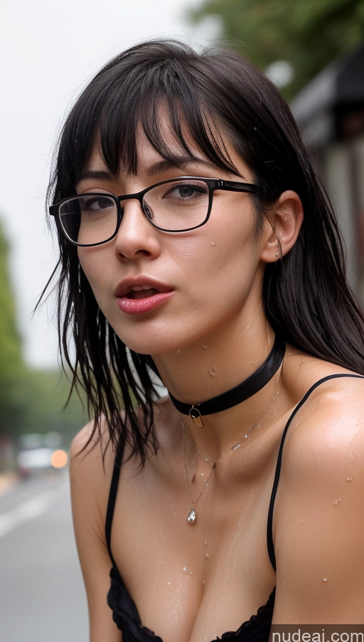 ai nude image of there is a woman wearing glasses and a choker on the street pics of Woman One Perfect Boobs Skinny Short Pubic Hair Fairer Skin Oiled Body 18 Black Hair Bangs French Front View Choker Ahegao Cumshot Glasses Skin Detail (beta) Street