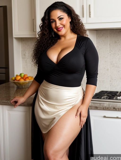 ai nude image of araffe woman in a black top and a white skirt posing in a kitchen pics of Milf Busty Beautiful Big Ass Thick Big Hips Seductive T-pose Bikini Long Skirt Alternative Sexy Face Surrealist Chubby Happy Black Hair Egyptian Fat Curly Hair 50s Close-up View Lipstick Kitchen