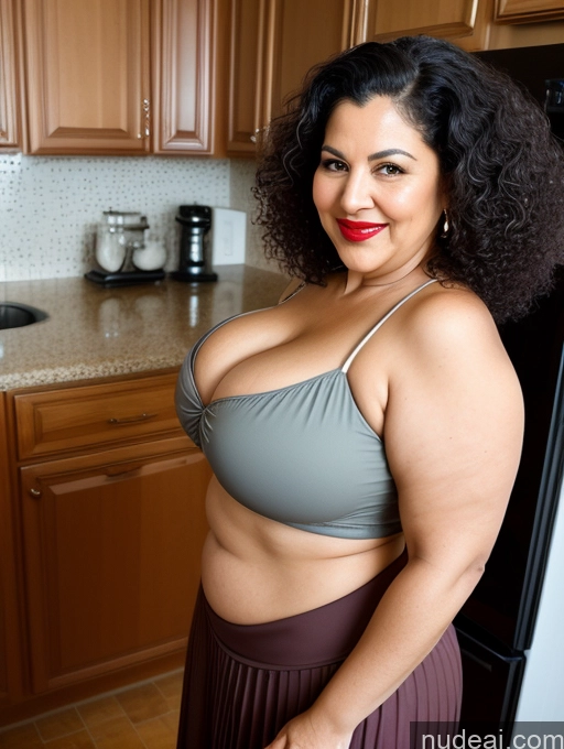 ai nude image of there is a woman in a skirt posing for a picture pics of Milf Busty Beautiful Big Ass Thick Big Hips Seductive T-pose Bikini Long Skirt Alternative Sexy Face Surrealist Chubby Happy Black Hair Egyptian Fat Curly Hair Close-up View Lipstick Kitchen 70s