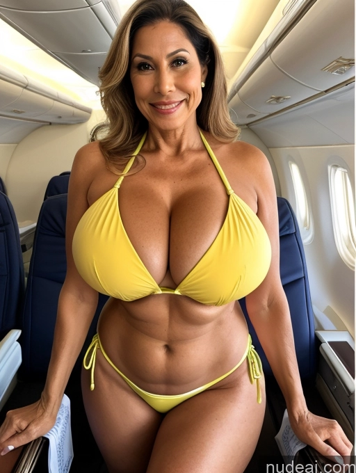 ai nude image of arafed woman in a yellow bikini on an airplane pics of Milf 70s One Busty Huge Boobs Tanned Skin Brazilian Front View Flight Attendant Microkini Thong