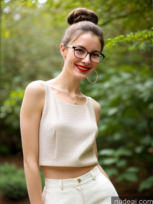 ai nude image of arafed woman with glasses and a white top standing in a forest pics of Small Tits Glasses Lipstick Skinny Short Fairer Skin 18 Happy Brunette White Hair Bun Front View 60s Woman