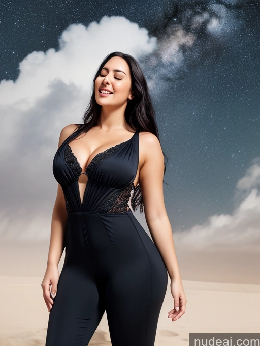 ai nude image of araffe woman in a black bodysuit standing in the sand pics of Woman One Big Ass Big Hips Fairer Skin 20s Orgasm Sexy Face Black Hair Long Hair Front View Jumpsuit Stargazing