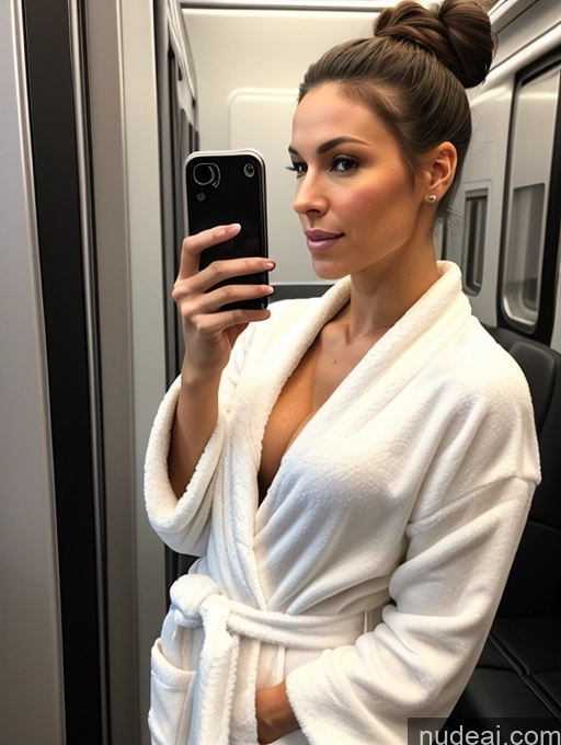 ai nude image of woman in white robe taking selfie in train with cell phone pics of Detailed Pearl Jewelry Front View Train White Hair Bun Brunette Sexy Face 30s Skinny Abs Long Legs Athlete Mirror Selfie Small Tits Big Ass Bathrobe