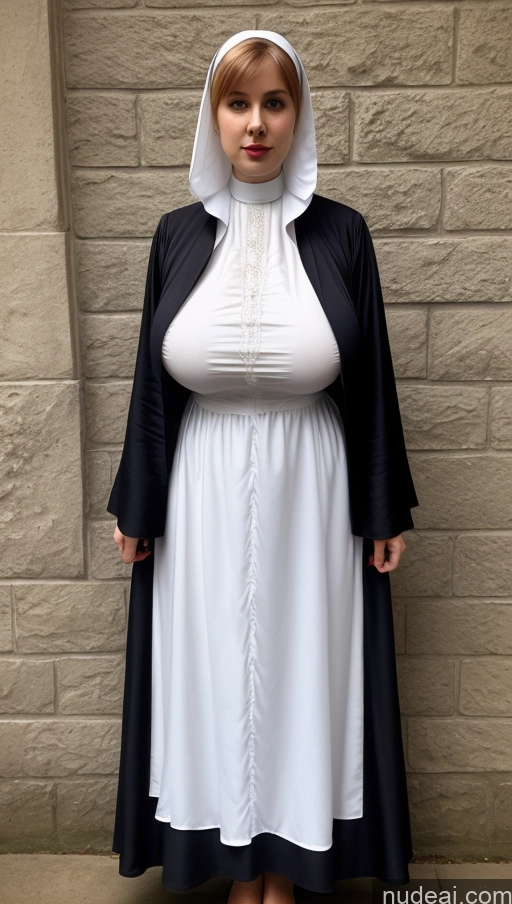 ai nude image of arafed woman in a nun costume standing in front of a brick wall pics of Busty Huge Boobs Perfect Boobs Big Ass Big Hips Perfect Body Lipstick Thick Fairer Skin White Hair Dark Fantasy Victorian Nightgown Irish Short Hair Nun Transparent