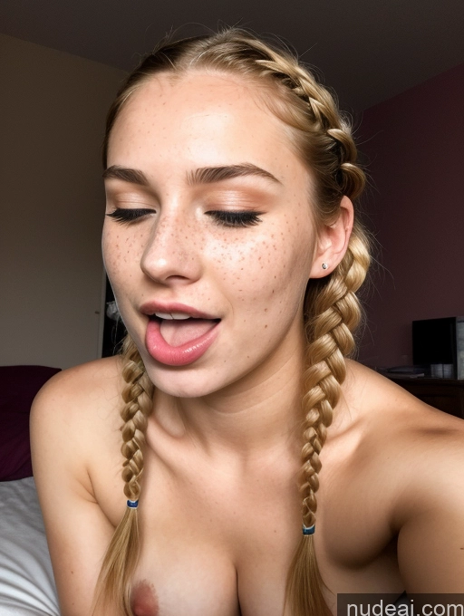 ai nude image of blond woman with long braids sticking out her tongue and showing her tits pics of Sorority Small Tits Lipstick Orgasm Irish Dark Lighting Braided Nude 18 Ahegao Blonde Bedroom Close-up View Blowjob