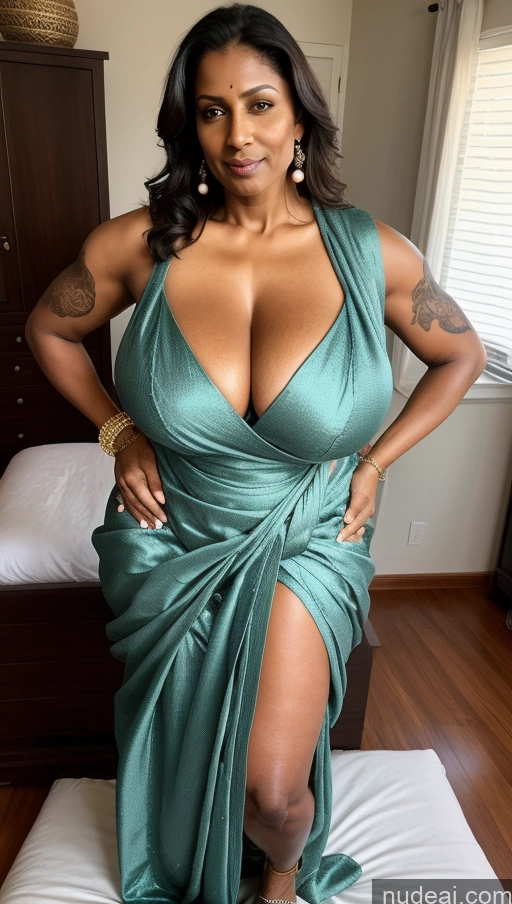 ai nude image of araffe woman in a green dress posing on a bed pics of Milf Huge Boobs Beautiful Tattoos Big Ass Big Hips Tall Dark Skin 50s Sexy Face T-pose Bedroom Muscular Abs Thick Seductive Sari Front View Ginger Pearl Jewelry