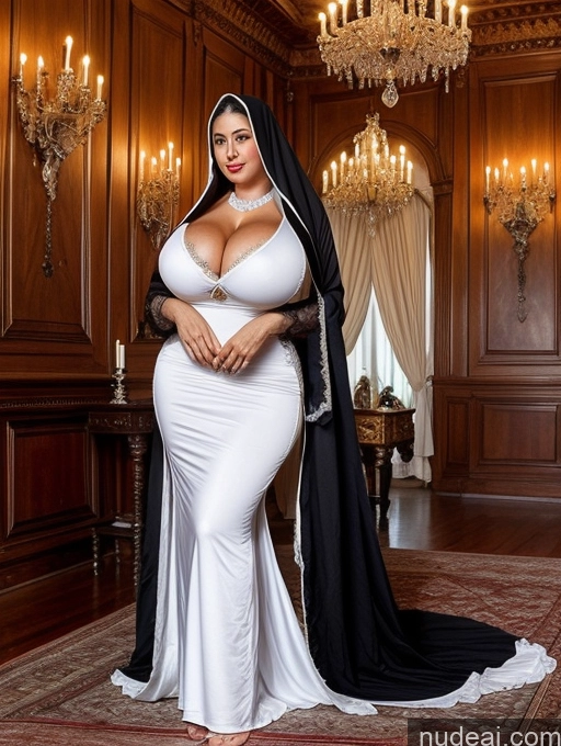 ai nude image of a woman in a white dress and black cape posing for a picture pics of Busty Huge Boobs Lipstick Big Ass Thick Big Hips Tanned Skin Black Hair Spanish Nightgown Nun Victorian Topless Detailed Diamond Jewelry Victorian Parlor 60s Milf Dark_Fantasy_Style