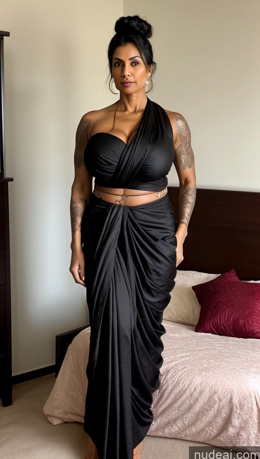 ai nude image of there is a woman standing in a black dress in a bedroom pics of Milf Huge Boobs Beautiful Tattoos Big Ass Tall Dark Skin 50s Sexy Face Seductive Thick Muscular Hair Bun Big Hips Bedroom Black Hair Sari T-pose Close-up View Abs