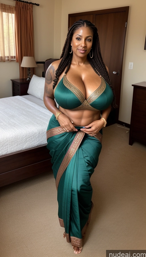 ai nude image of araffe woman in a green sari posing in a hotel room pics of Milf Huge Boobs Beautiful Tattoos Big Ass Tall Dark Skin 50s Sexy Face Seductive Thick Muscular Big Hips Bedroom T-pose Close-up View Abs Ginger Busty Sari Braided