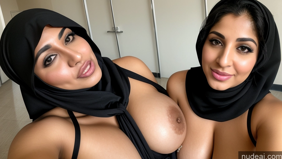 ai nude image of two women in hijabs pose for a selfie in a bathroom pics of Huge Boobs Beautiful Perfect Body Seductive Sexy Face Ahegao Black Hair Close-up View Nude Detailed Big Ass Two Salwar Woman + Man Pubic Hair 40s Arabic Niqab Cumshot Scarf Fairer Skin Hospital