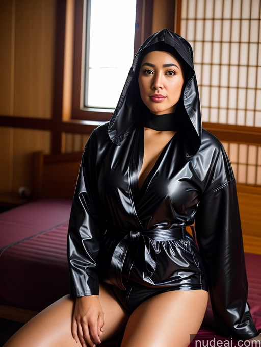 ai nude image of there is a woman in a black leather outfit sitting on a bed pics of Woman Kimono Latex Lingerie Lumberjack Martial Arts Medieval Micro Skirt Military Nightgown Niqab Nurse Onesie Panties Parka