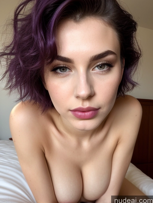 ai nude image of arafed woman with purple hair laying on a bed pics of Model Beautiful Big Ass Skinny Short Tall Perfect Body Fairer Skin Oiled Body 18 20s Seductive Pouting Lips Purple Hair Messy