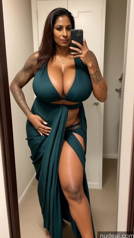 ai nude image of araffe woman in a green dress taking a selfie in a mirror pics of Milf Busty Huge Boobs Beautiful Muscular Big Ass Tall Dark Skin 50s Seductive Sexy Face One Abs Tattoos Ginger T-pose Thick Big Hips Changing Room Sari Front View