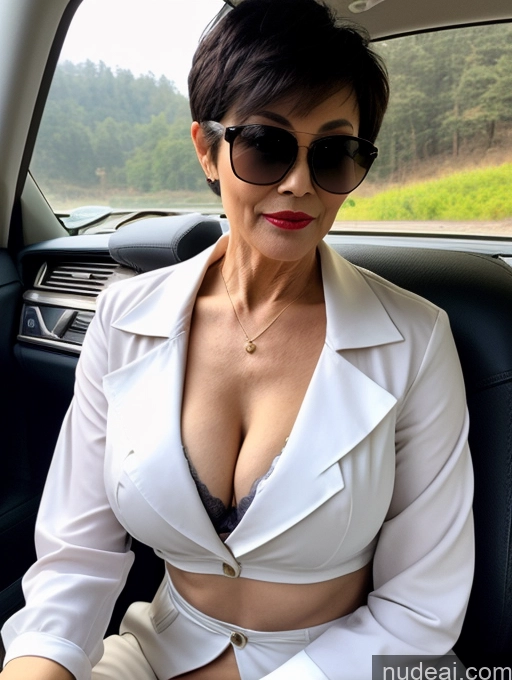 ai nude image of there is a woman sitting in a car wearing a white shirt and black sunglasses pics of Milf Perfect Boobs Beautiful Sunglasses Lipstick Perfect Body 60s Pixie Chinese Car Bra Casual Jacket Professor Stylish Suit Cleavage Detailed Sexy Face