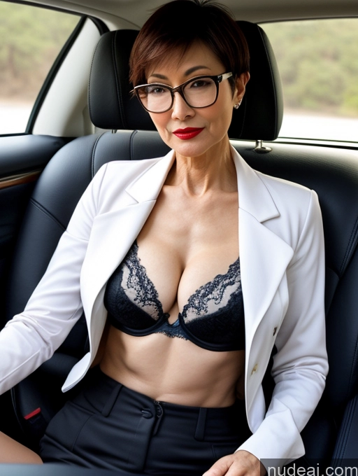 ai nude image of woman in glasses sitting in a car with a white blazer pics of Milf Perfect Boobs Beautiful Glasses Lipstick Perfect Body 60s Pixie Chinese Car Bra Casual Jacket Professor Stylish Suit Cleavage Detailed Sexy Face