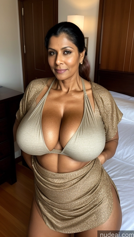 ai nude image of araffe woman in a gold dress posing on a bed pics of Milf Huge Boobs Beautiful Tattoos Muscular Big Ass Big Hips Tall Dark Skin 50s Seductive Bedroom Sexy Face T-pose Ponytail Ginger Busty Front View Blouse Sari Abs