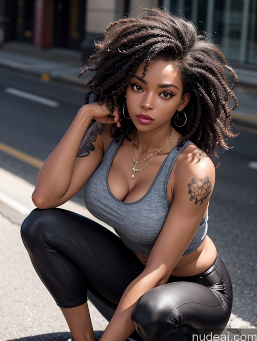 ai nude image of there is a woman with dreadlocks squatting on the street pics of Woman One Busty Beautiful Tattoos Abs Perfect Body Dark Skin Tall 30s Serious Black Hair Curly Hair African Soft + Warm Close-up View Squatting Street Tank Top Yoga Pants Cleavage Pearl Jewelry Bright Lighting Detailed