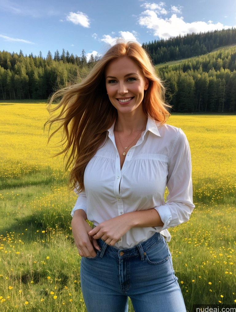 related ai porn images free for One 40s Happy Long Hair Jeans Blouse Ginger Model Perfect Boobs Perfect Body Beautiful Russian Bright Lighting Meadow Close-up View Lumberjack Fairer Skin