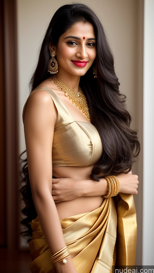 ai nude image of araffe woman in a gold sari posing for a picture pics of Woman Busty Perfect Boobs Beautiful Lipstick Big Ass Fairer Skin 50s Perfect Body Happy Sexy Face Black Hair Long Hair Indian Skin Detail (beta) Front View Sari Traditional Jewelry Gold Jewelry Bright Lighting