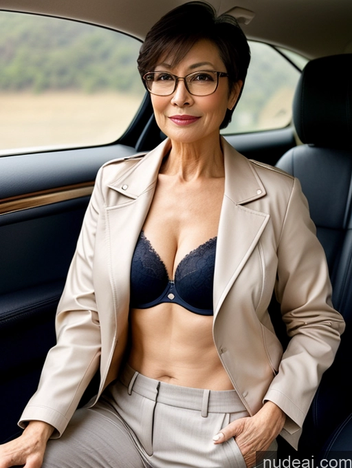 ai nude image of woman in a car with a tan jacket and glasses sitting in the passenger seat pics of Milf Perfect Boobs Beautiful Glasses Perfect Body 60s Pixie Chinese Car Bra Casual Jacket Professor Stylish Suit Cleavage Detailed Sexy Face