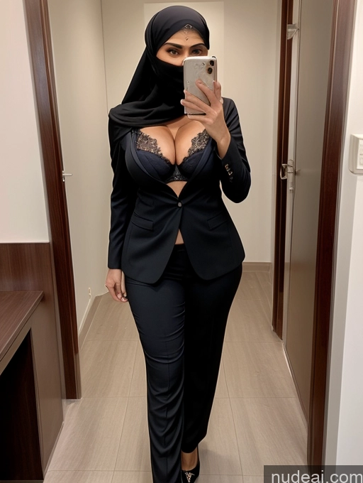 ai nude image of woman in black suit taking selfie in mirror with cell phone pics of Milf Perfect Boobs Perfect Body Beautiful Arabic Bra Suit Niqab Professor Stylish Cleavage Detailed