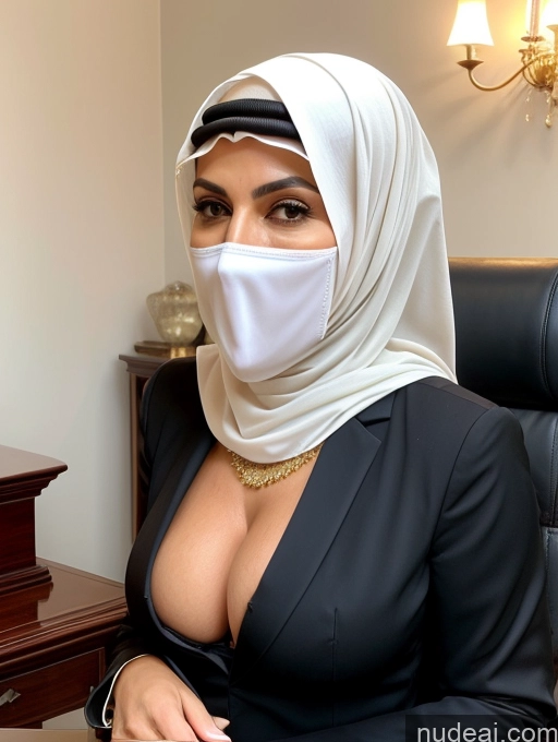 ai nude image of woman wearing a white mask sitting in a chair with a laptop pics of Milf Perfect Boobs Perfect Body Beautiful Arabic Bra Suit Niqab Professor Stylish Cleavage Detailed