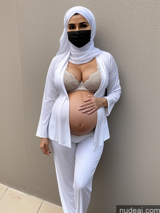 ai nude image of pregnant woman in white outfit and black mask standing against wall pics of Milf Perfect Boobs Beautiful Perfect Body Arabic Bra Niqab Professor Stylish Suit Cleavage Detailed Pregnant