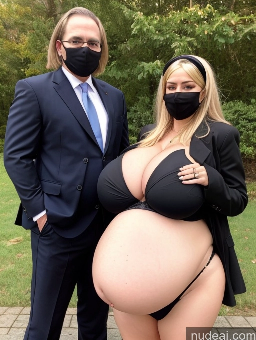 ai nude image of pregnant woman in black lingersuit and man in suit with face mask pics of Milf Beautiful Perfect Body Bra Niqab Professor Stylish Suit Cleavage Detailed Pregnant Huge Boobs Big Ass British Belly Inflation, Cuminflation, Overeating