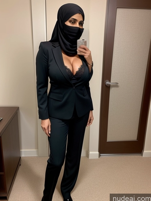 ai nude image of woman in black suit and black mask taking selfie in mirror pics of Milf Perfect Boobs Perfect Body Beautiful Arabic Bra Suit Niqab Professor Stylish Cleavage Detailed