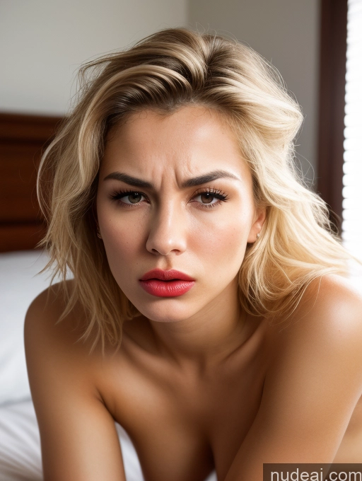 ai nude image of blond woman with big breast sitting on bed with white sheets pics of Woman One Small Tits Small Ass Skinny Tanned Skin Short Lipstick 18 Blonde White Skin Detail (beta) Front View Nude Bright Lighting Detailed Angry Pouting Lips Messy Bedroom Sleeping