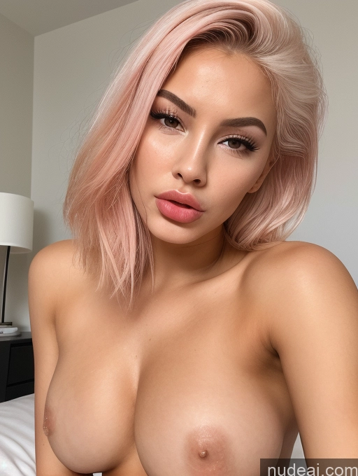 ai nude image of nude woman with pink hair posing on bed with white sheets pics of One Small Tits Small Ass Skinny Tanned Skin Short Lipstick 18 White Skin Detail (beta) Front View Nude Bright Lighting Detailed Angry Pouting Lips Bedroom Spreading Legs Straight Pink Hair Bimbo