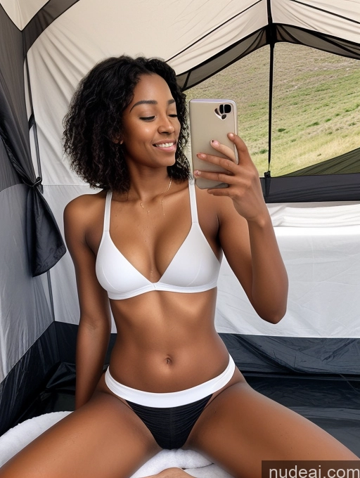 ai nude image of araffe woman in a bikini taking a selfie in a tent pics of Woman One Small Tits Small Ass 18 Orgasm Black Hair Messy African Mirror Selfie Tent Front View Bathing Nude Sports Bra