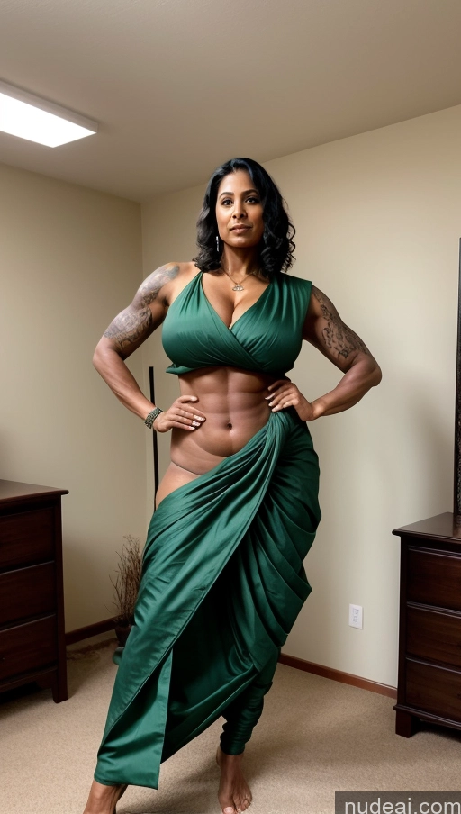 ai nude image of arafed woman in a green sarong posing in a bedroom pics of Milf Huge Boobs Beautiful Tattoos Muscular Big Ass Abs Thick Tall Dark Skin Seductive Bedroom T-pose Sexy Face Sari 50s Front View Green Hair