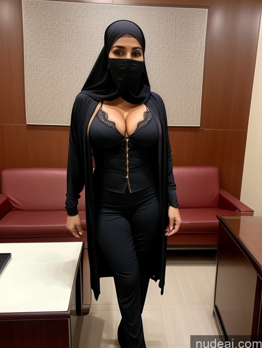 ai nude image of woman in black outfit and black mask standing in office pics of Milf Perfect Boobs Perfect Body Beautiful Arabic Bra Suit Niqab Professor Stylish Cleavage Detailed