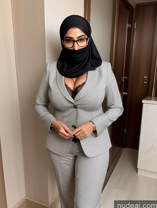 ai nude image of woman in a gray suit and black scarf standing in a hallway pics of Milf Perfect Boobs Perfect Body Beautiful Arabic Bra Suit Niqab Professor Stylish Cleavage Detailed