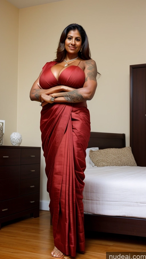 ai nude image of there is a woman in a red dress standing in a bedroom pics of Milf Huge Boobs Beautiful Tattoos Muscular Big Ass Thick Tall Dark Skin Seductive Bedroom Sexy Face 50s Long Legs T-pose Long Hair Ginger Front View Abs Sari