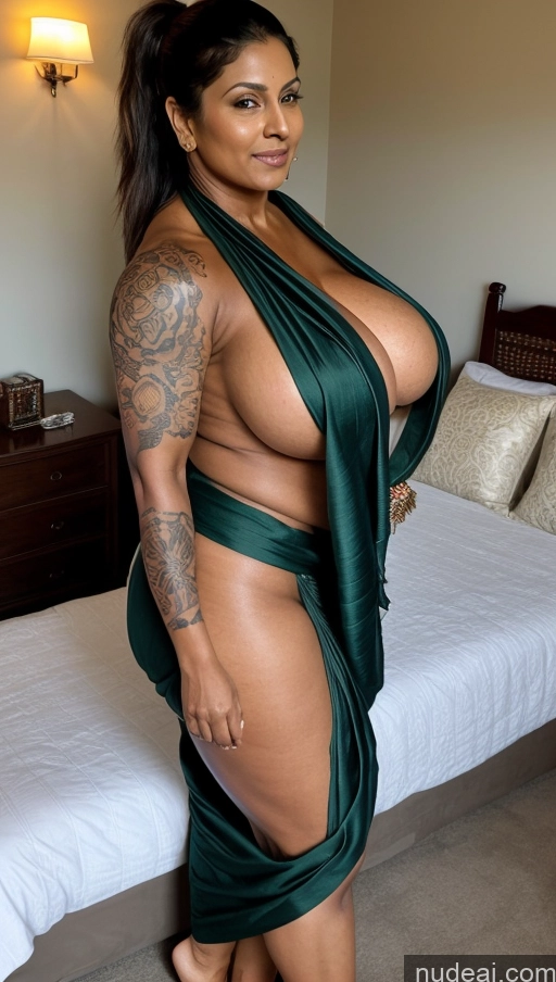 ai nude image of a close up of a woman in a green dress posing on a bed pics of Milf Huge Boobs Beautiful Tattoos Muscular Big Ass Thick Tall Dark Skin Seductive Bedroom Sexy Face 50s T-pose Sari Brunette Fat Ponytail Front View